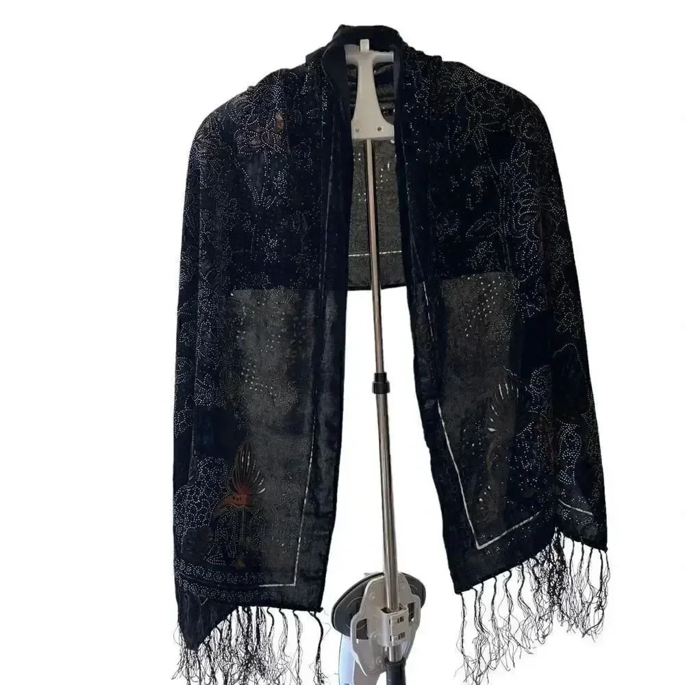 Velvet Floral Black Gypsy Bohemian  Fringe Scarf One Size #1240